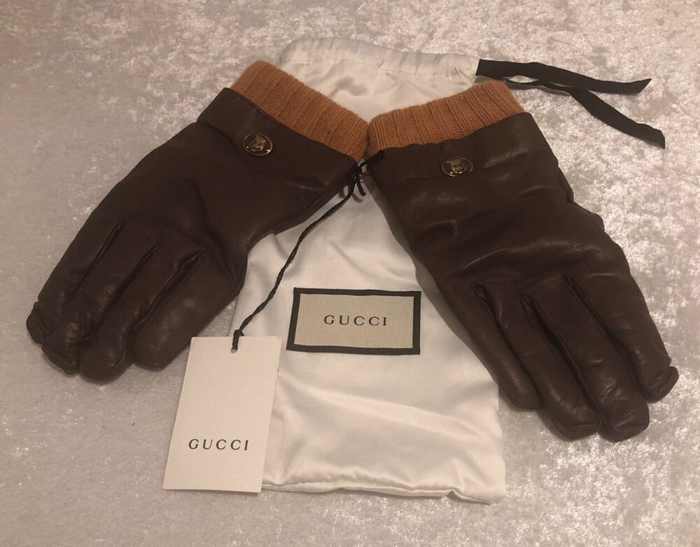 NWT Gucci Light Brown Leather Cashmere Lined Tiger Head Gloves Sz. 8.5/S $595.00